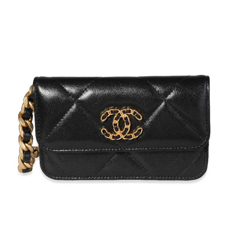 Chanel bags with iconic stitching detailsCHANEL Black Quilted Lambskin 19 Mini Coin Purse With Chain